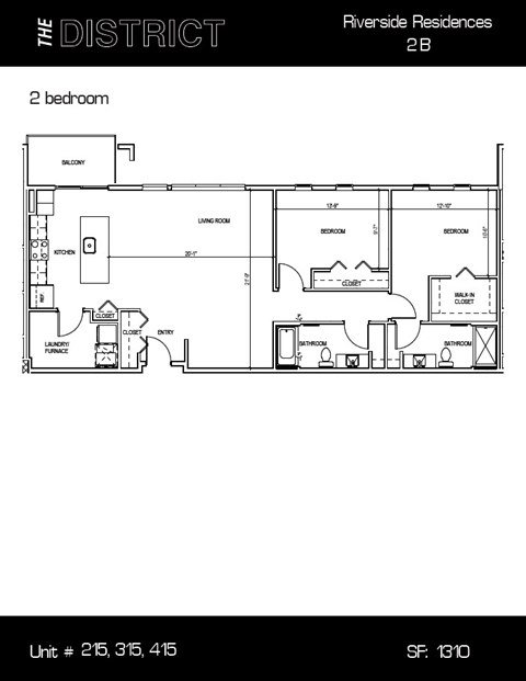 Floor plan for 2 beds, 2 baths, 1310 sqft